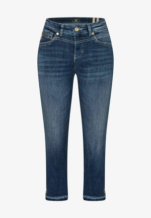 Dark blue denim jeans with a mid-rise waist, tapered legs, contrast stitching, front pockets, and a zip fly closure.