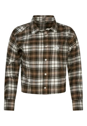 Chemise à carreaux marron et blanc avec un col et des manches longues, fabriquée dans un matériau souple et texturé.