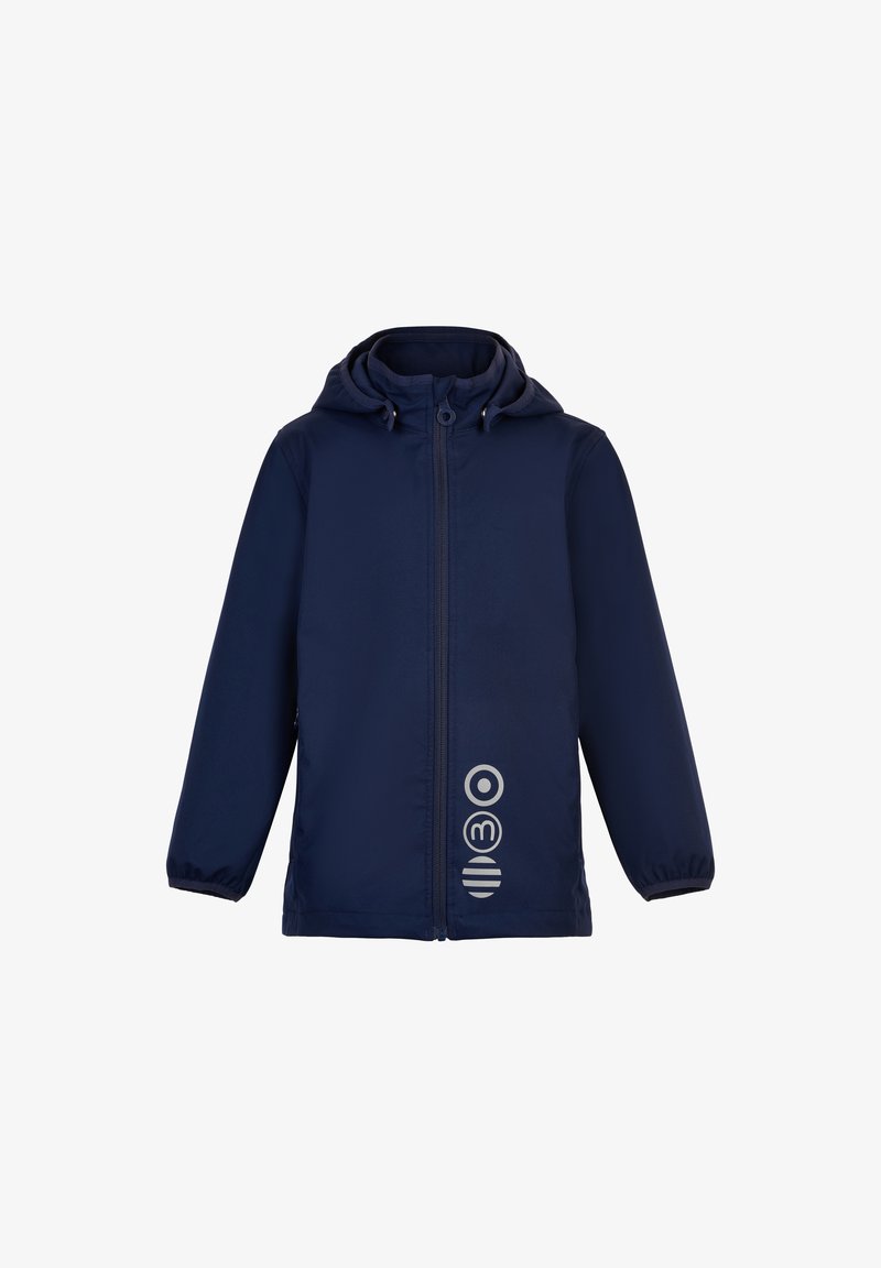 Veste bleu marine avec fermeture éclair et capuche. Présente des poignets élastiques et un design de logo circulaire sur le bas à l'avant. Texture lisse.