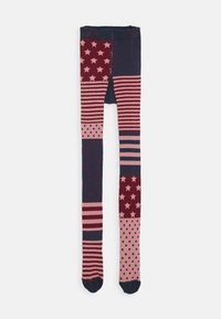 Bunte gemusterte Leggings mit Blöcken in Marine, Bordeaux und Pink, verziert mit Sternen, Streifen und Punkten; glattes Material; mit Füßen.