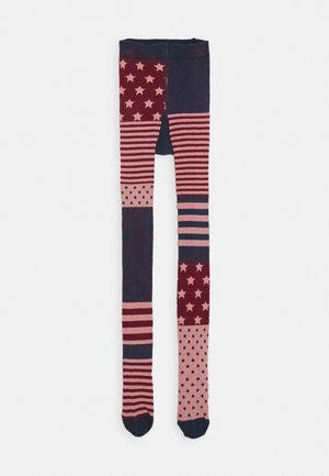 Farverige mønstrede leggings med blokke i marineblå, bordeaux og pink med stjerner, striber og prikker; glat stof; foden design.