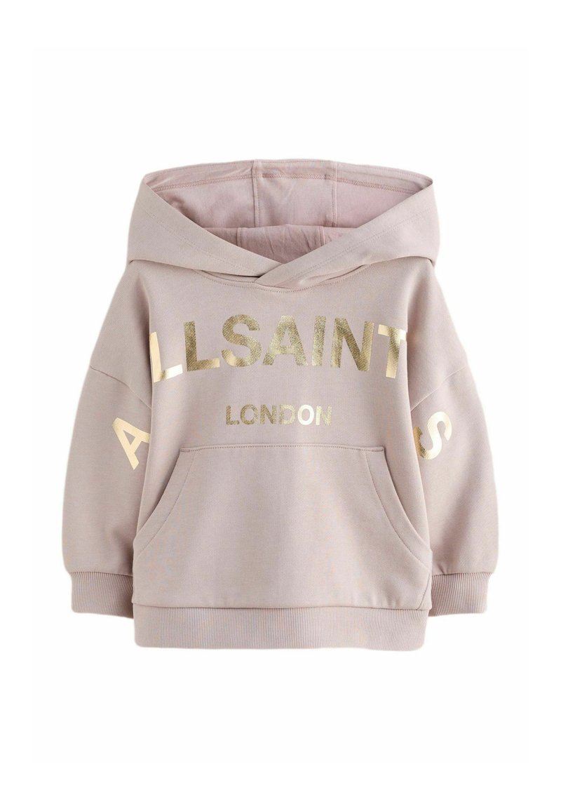 Světle růžová mikina s velkým zlatým potiskem "ALLSAINTS" a textem "LONDON". Má přední kapsu a žebrované manžety a lem. Měkká látka.