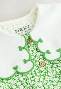 Grön klänning med blommönster, vit krage och grön broderad kant. Har en träknapp framtill. Mjuk tygstruktur.