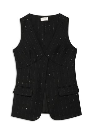 Crni bez rukava s dubokim V-izrezom, uzorak u finim prugama u srebrnoj boji, dva džepa sprijeda, kroj prilagođen tijelu i strukturalna tkanina.