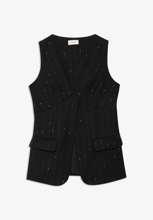 Crni bez rukava s dubokim V-izrezom, uzorak u finim prugama u srebrnoj boji, dva džepa sprijeda, kroj prilagođen tijelu i strukturalna tkanina.