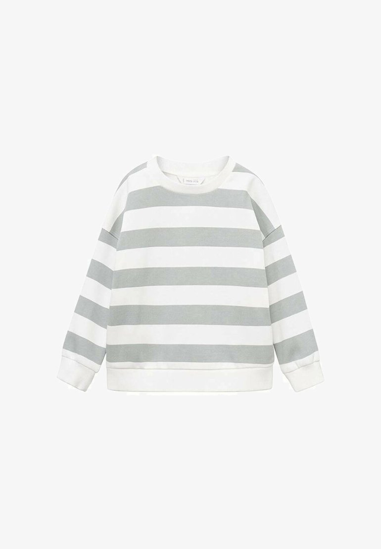 Felpa grigio e bianco a righe con scollatura rotonda, maniche lunghe e polsini e orlo a costine, realizzata in un tessuto morbido e testurizzato.