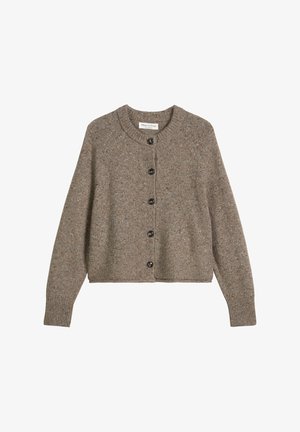 Beige wool cardigan with a round neckline, black buttons, ribbed cuffs, and a cropped hem. Features a speckled texture throughout.