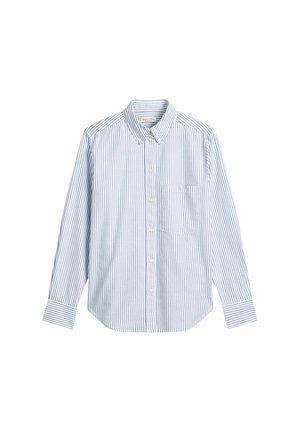 Striped button-up shirt in light blue and white. Features long sleeves, button-down collar, chest pocket, and a relaxed fit.