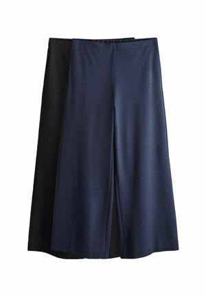 Two pairs of waist-length pants laid flat: one black, one navy. Both feature a smooth texture, elastic waistband, and wide-leg design.