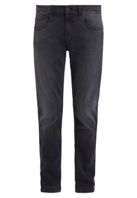 Zwarte spijkerbroek van denim met een slim fit, vijf zakken, knoopsluiting en subtiele vervaging. Gladde textuur met een klassieke uitstraling.