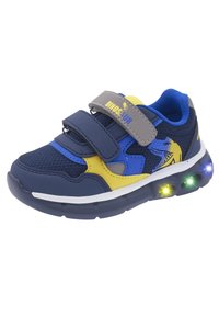Sneakers in rete blu navy con dettagli blu e gialli, chiusure a strappo, design a dinosauro e luci LED multicolori nella suola.