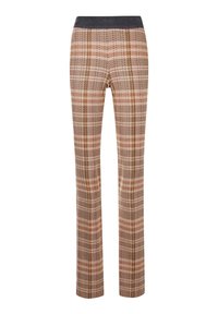 Trousers in a check pattern featuring shades of brown and terracotta. Made from textured fabric with a dark waistband. Fitted, straight-leg design.