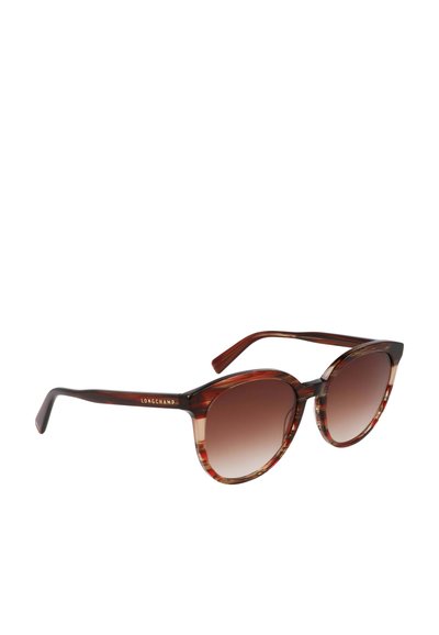 Tortoiseshell sunglasses with a round frame, gradient lenses, and brown-toned temples, featuring the brand name "LONGCHAMP" in gold.