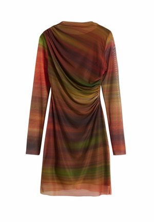 Long-sleeve dress made of lightweight fabric with multicolored horizontal stripes in shades of green, orange, and brown; features gathered details.