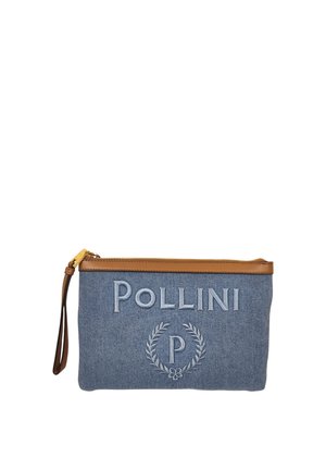 Borsellino da polso in denim con rifiniture in pelle marrone, cerniera dorata e testo ricamato "POLLINI" con disegno di corona d'alloro e lettera "P".