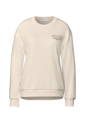 Beige sweatshirt gemaakt van zachte stof, met een ronde hals, geribde mouwen en een klein bedrukt logo op de linkerborst.