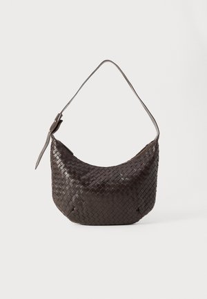 Woven dark brown leather shoulder bag with a curved body, adjustable strap, and subtle sheen. Features a zipper closure along the top.