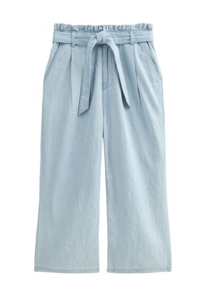 Pantaloni a gamba larga blu chiaro realizzati in tessuto morbido con vita regolabile, tasche frontali e vestibilità comoda.