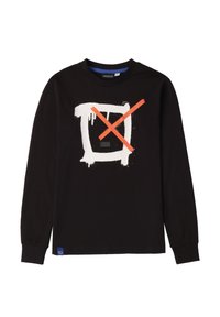 Schwarzes Langarm-T-Shirt aus Baumwolle mit einem gro�ßen weißen Graffiti-Design und orangefarbenen gekreuzten Linien in der Mitte.