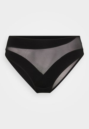 Black bikini bottom featuring sheer mesh panels, a high-waisted design, and contrasting opaque accents along the edges and sides.