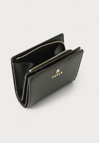 Black leather wallet with gold hardware, zip closure, and logo detail. Features multiple compartments for cards and cash. Textured finish.