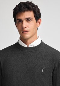 Maglione grigio scuro in tessuto a maglia con scollatura rotonda a costine. Presenta un piccolo logo ricamato sul lato sinistro del petto. Camicia bianca con colletto sotto.