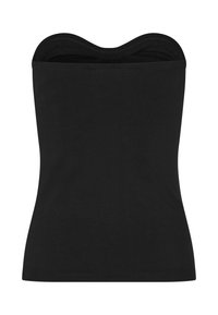Top strapless negro hecho de una tela suave y elástica. Cuenta con un escote liso y una silueta ajustada. Sin patrones o adornos visibles.