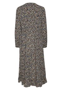 Robe longue noire avec petit imprimé floral blanc, pêche et jaune, manches longues et ourlet légèrement évasé.