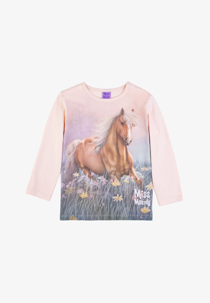 Camicia a maniche lunghe di colore rosa chiaro con una grande grafica di un cavallo in un campo erboso con fiori. Logo "Miss Melody" in basso a sinistra.