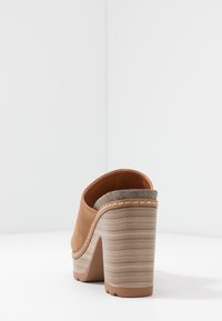 Mules à talons hauts en suède marron avec un talon en bois empilé et des coutures visibles autour du bord supérieur, présentées de l'angle arrière-droit.