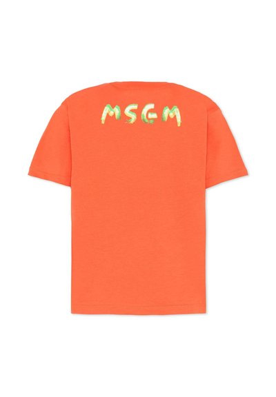 T-shirt à manches courtes orange vif avec un logo "MSGM" peint à la main en jaune et vert sur le haut du dos.