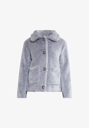 Mīksts gaisīgi zils žakets ar apkakli, pogu aizdari un divām priekšējām kabatām. Iespējas noapaļotās zelta toņa pogas un maiga tekstūra.