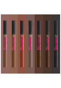 Sept tubes de gel à sourcils Zero Brow de NYX Professional Makeup, dans des nuances allant du brun au noir, alignés sur des fonds de couleur assortis.