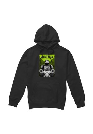 Black hoodie featuring a green and black Mandalorian graphic wearing armor and holding a weapon, with "Star Wars Mandalorian" text above.