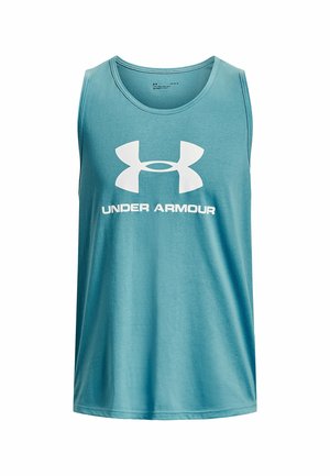 Niebieski sportowy tank top bez rękawów z dużym białym logo i napisem Under Armour na środku z przodu.