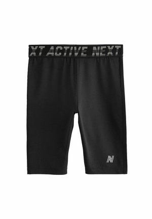 Shorts d'athlétisme noirs au design ajusté, fabriqués en tissu lisse, dotés d'une taille contrastante avec le texte "XT ACTIVE NEXT" et le logo.