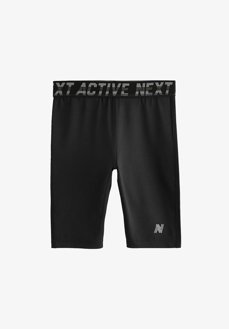 Zwarte sportshorts met een aansluitend ontwerp, gemaakt van gladde stof, voorzien van een contrasterende tailleband met de tekst en het logo "XT ACTIVE NEXT".