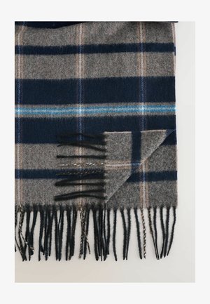 Randig scarf i mörkblått, grått och ljusbrunt. Ulltextur med fransade kanter. Blåa och bruna ränder över ytan.