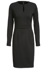 Robe noire à manches longues, longueur au genou, avec un col rond, une petite fente à l'avant, et un détail de ceinture froncée.