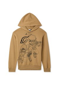 Felpa cappuccio marrone con stampa grafica di due personaggi in contorno nero, con un simbolo sopra di essi. Materiale in cotone, vestibilità comoda e tasca frontale.