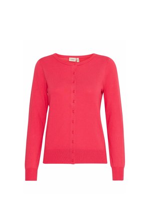 Rosa cardigan med långa ärmar, rund halsringning och framknäppning. Tillverkad av mjukt tyg med ribbade manchetter och nederkant.