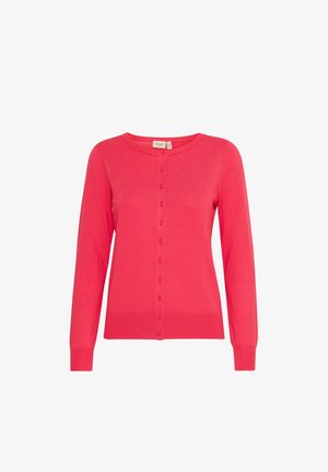 Pink cardigan with long sleeves, round neckline, and front button closure. Made of soft fabric with ribbed cuffs and hem.