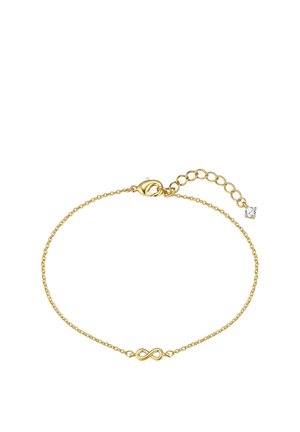 Pulsera delicada de cadena de oro con un colgante de símbolo de infinito y cierre ajustable con una pequeña piedra clara en el extremo.