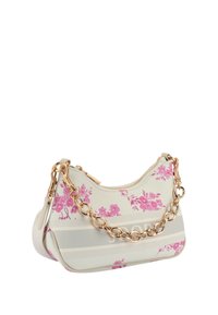 Kanvasna torba z rožami v kremni barvi in rožnatimi cvetovi, z zlatim verižnim trakom, zadrgo in subtilnimi sivo-belimi črtami. Kompaktna in zaobljena zasnova.