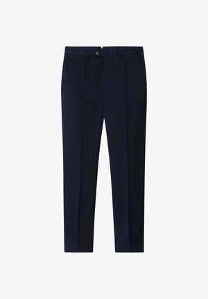 Marineblaue, maßgeschneiderte Hose mit Bügelfalte vorn, Gürtelschlaufen, Seitentaschen und Knopfverschluss am Bund, dargestellt auf weißem Hintergrund.