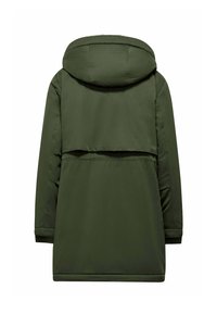 Giacca isolante verde con cappuccio, caratterizzata da una texture liscia, un design a strati sul retro e maniche a polsino.