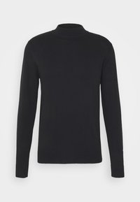 Svart stickad polotröja med långa ärmar och ribbade muddar. Slät textur och en åtsittande design. Inga mönster eller ytterligare dekorationer.