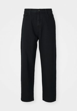Black denim pants with a straight-leg cut. Features classic five-pocket design, button closure, and subtle fabric texture.