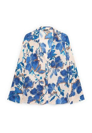 Pitkähihainen nappitettava pusero, jossa suuri sininen kukkakuosi beige pohjalla, teräväkaulus ja rento istuvuus.