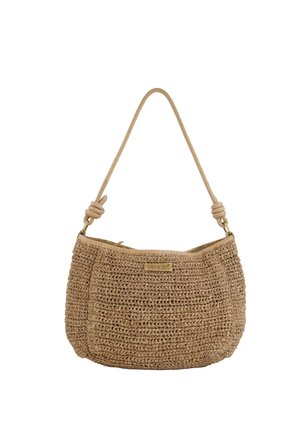 Bruine geweven schoudertas met geknoopte draagbanduiteinden en een klein rechthoekig label met het logo "Venezia" aan de voorkant.